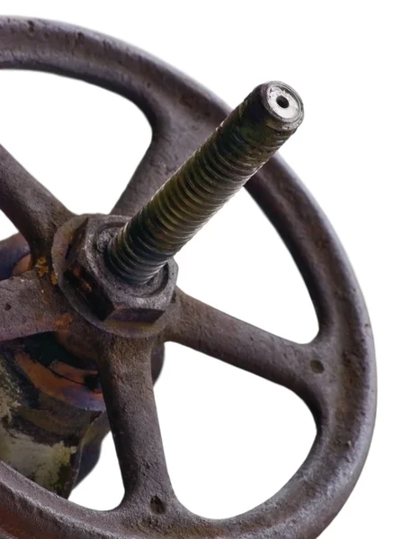 Válvula industrial roda e haste resistido Grunge trava closeup isolado — Fotografia de Stock