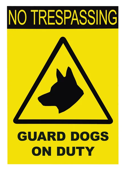 Yellow and black No Trespassing Guard Dogs On Duty Text Sign — Stock Photo, Image