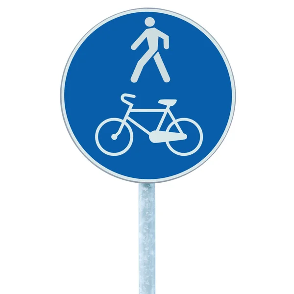 Bicycle and pedestrian lane road sign on pole post, blue — Stock Photo, Image