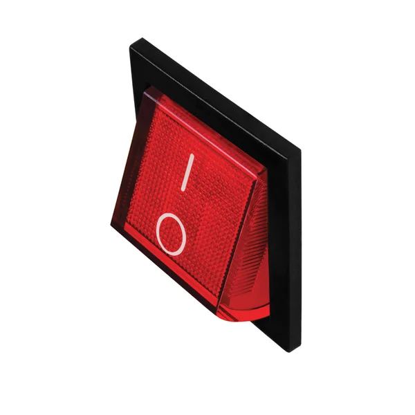 Röd strömbrytaren i läge, isolerade makro närbild vertikala — Stockfoto