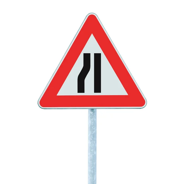 Road narrows sign on pole left right side isolated traffic signpost signage — Stock Photo, Image