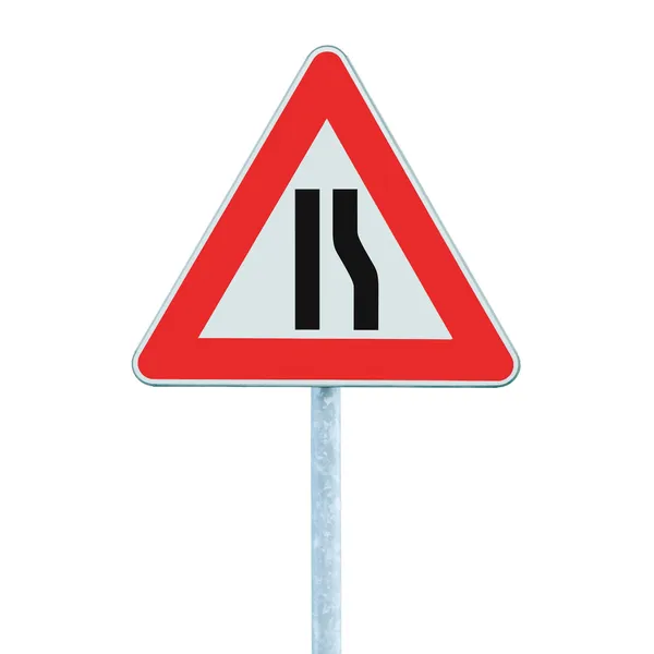 Road narrows sign on pole, right side, isolated — Stock Photo, Image