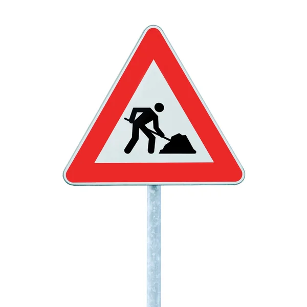 Práce na silnici napřed varování dopravní značka s pól izolovaný — Stock fotografie