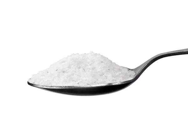 Esslöffel grobes Salz, isolierte Makro-Nahaufnahme — Stockfoto