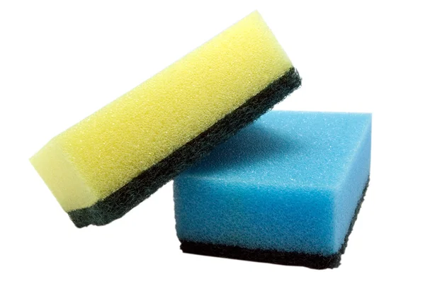 Twee sponzen, gele, blauwe geïsoleerde macro close-up — Stockfoto