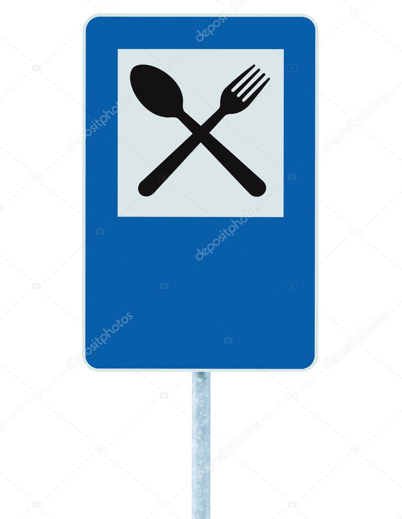 Restaurant sign on post pole, traffic road roadsign, blue isolated