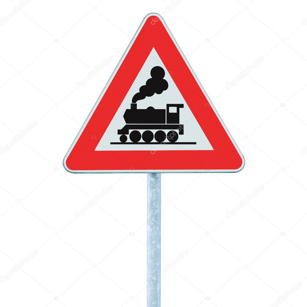 Railroad Level Crossing Sign without barrier or gate ahead the road signage