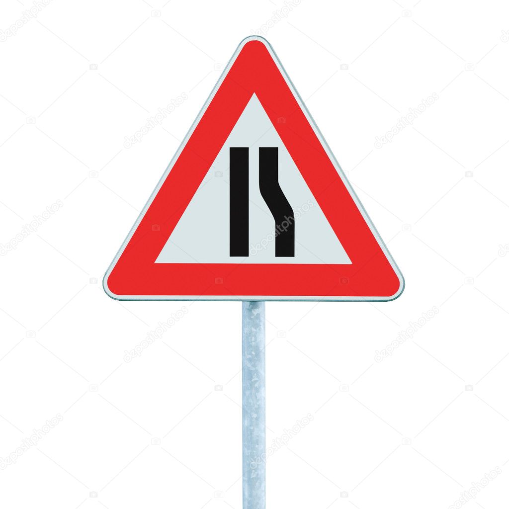 Road narrows sign on pole, right side, isolated