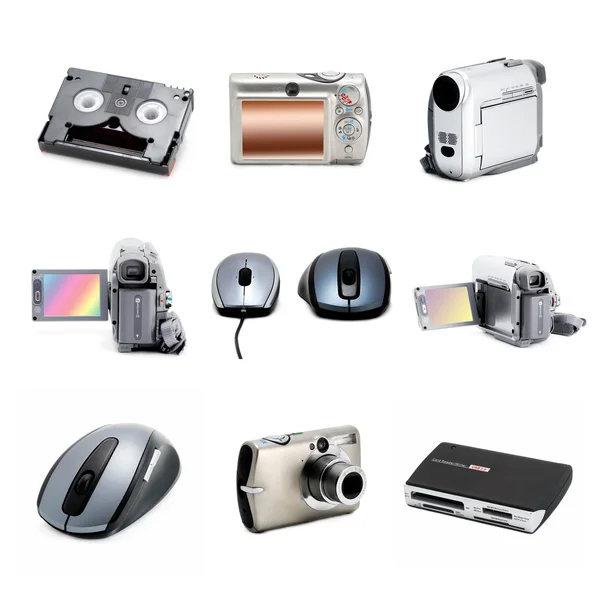 Collage van moderne foto en video technics geïsoleerd — Stockfoto