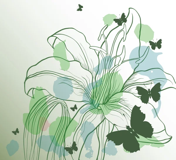 Зелений фон з декоративною квіткою та метеликами — стоковий вектор