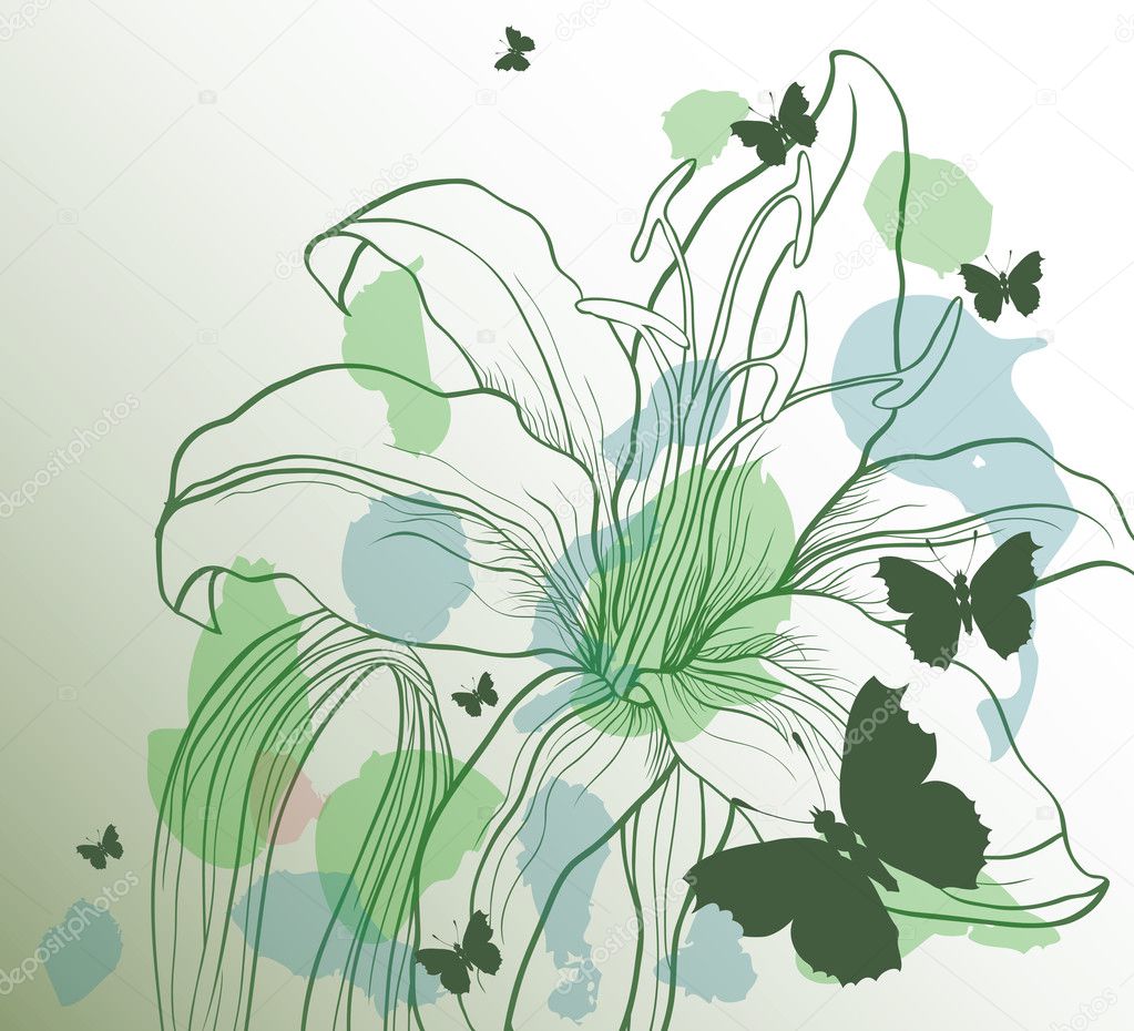 Green background with decorative flower and butterflies