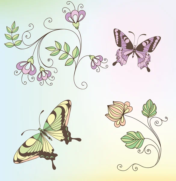 Set di fiori e farfalle — Vettoriale Stock
