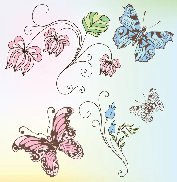Set of flowers and butterflies — Stock Vector