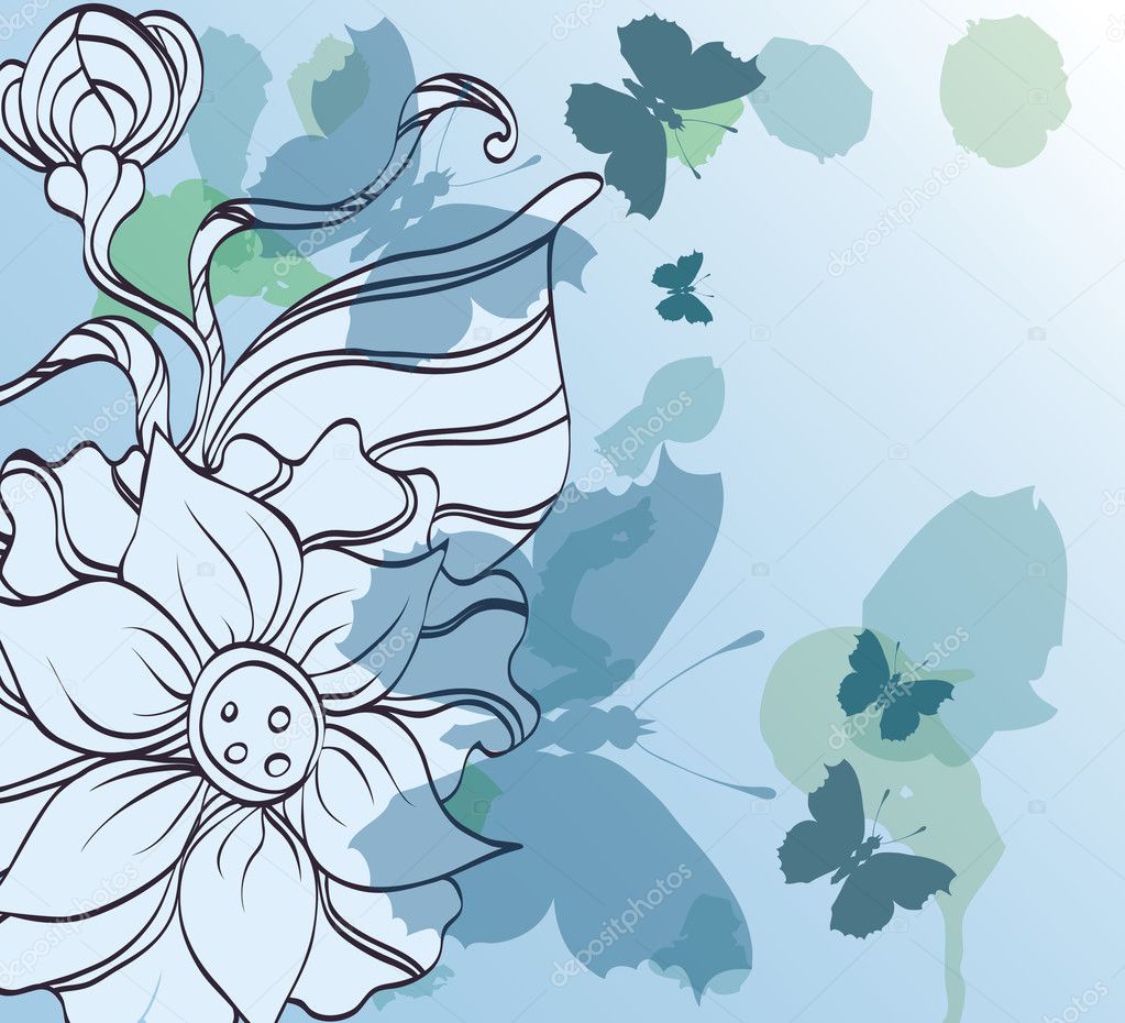 Background with decorative flower and butterflies