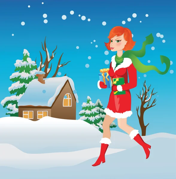 礼品冬季背景上的女孩 — 图库矢量图片