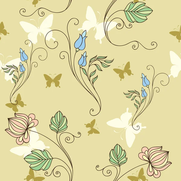 Nahtloser Hintergrund mit Blumen und Schmetterlingen Stockillustration