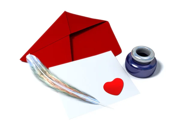 Tintenständer, Federkiel, Umschlag und rotes Herz — Stockfoto