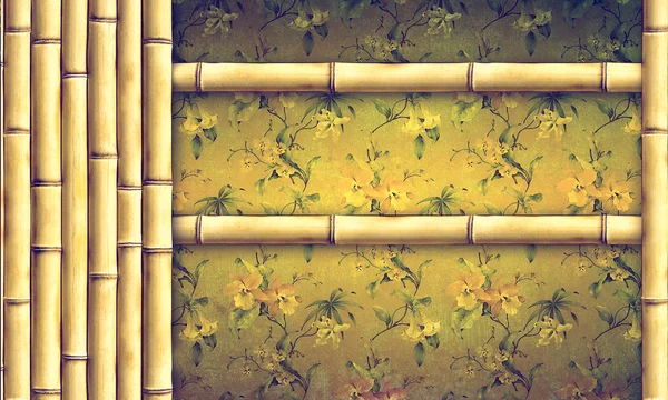 Bamboe rand en decoratieve bloemen achtergrond — Stockfoto