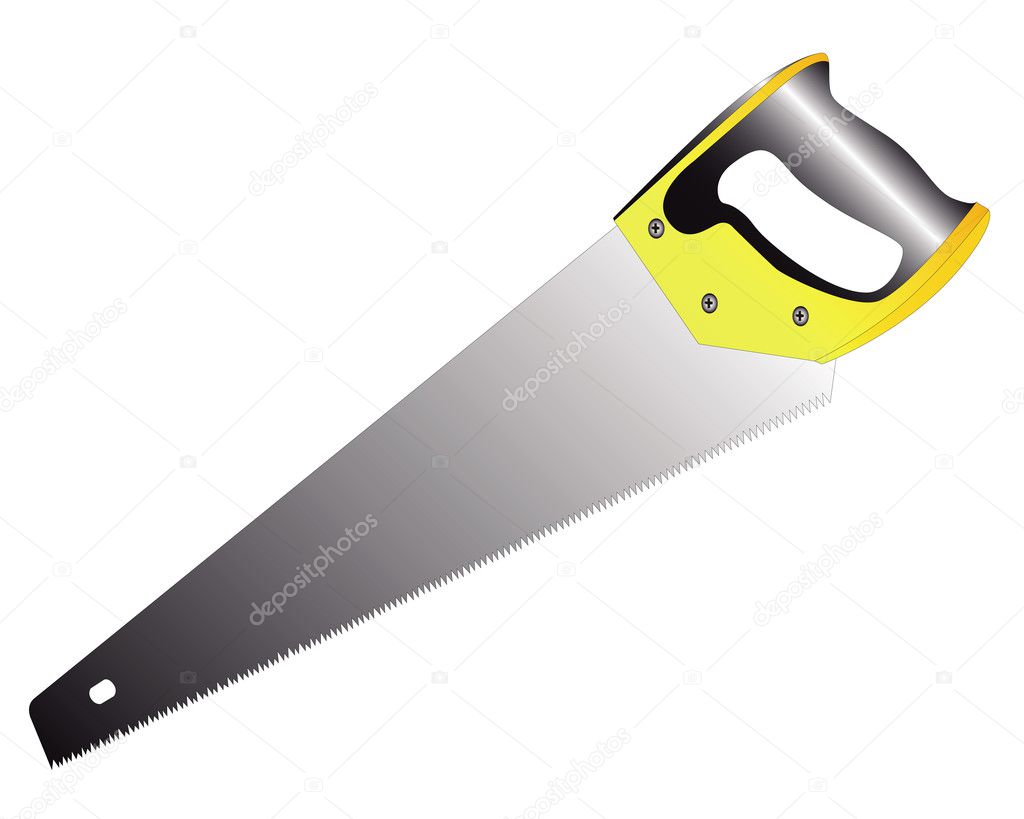 Hacksaw on wood with a yellow-black handle