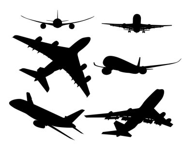 Black silhouettes of passenger aircraft clipart