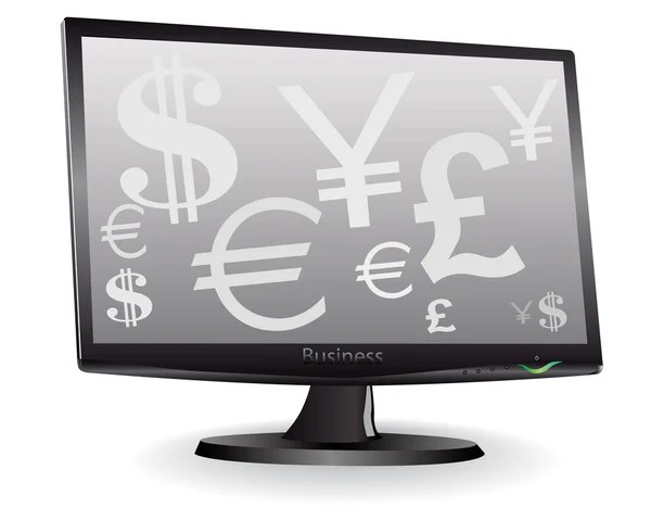 Monitor con una imagen de símbolos de moneda — Vector de stock
