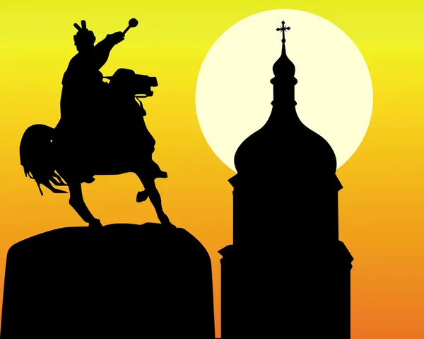 Pomnik Chmielnickiego i wieża kościoła w Kijowie — Wektor stockowy