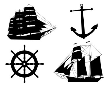 Silhouettes of sailboats, anchors and steering wheel clipart