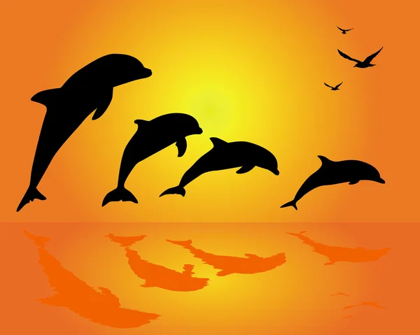 Siluetas de un grupo de delfines — Vector de stock