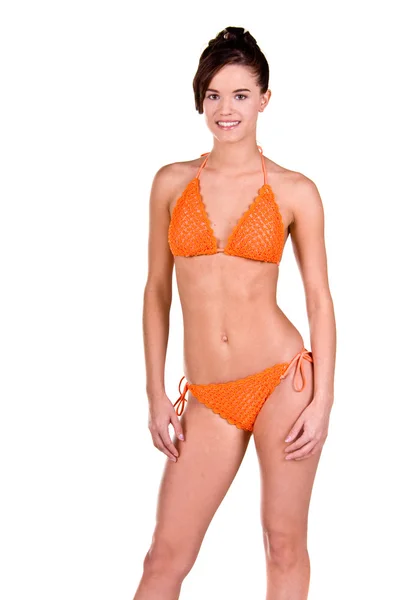 Brunett bikini girl på vit — Stockfoto