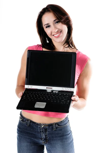ラップトップコンピュータを持つ女性 — ストック写真
