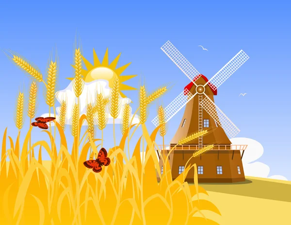 Wheat field and mill — Stock Vector