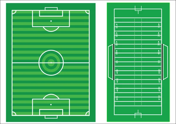 Diagramas vetoriais em escala de um campo de futebol e de um futebol americano — Vetor de Stock