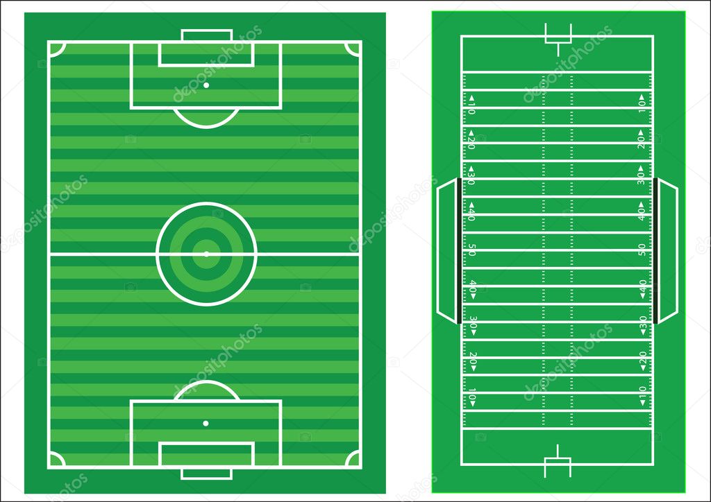 Scale vector diagrams of a soccer pitch and an american football