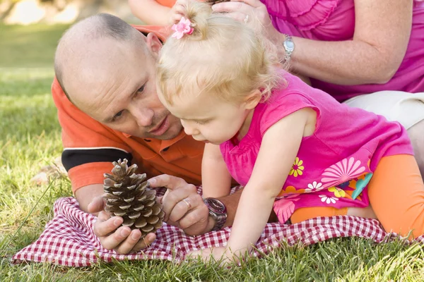 Pai e filha falam sobre o cone de pinho no parque — Fotografia de Stock