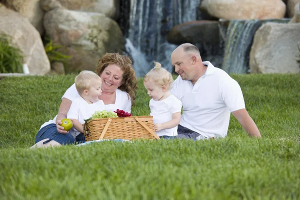 Gelukkige jonge familie genieten van picknick in het park — Stockfoto