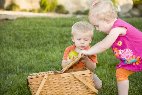 Hermano y hermana niños jugando con manzana y cesta de picnic — Foto de Stock