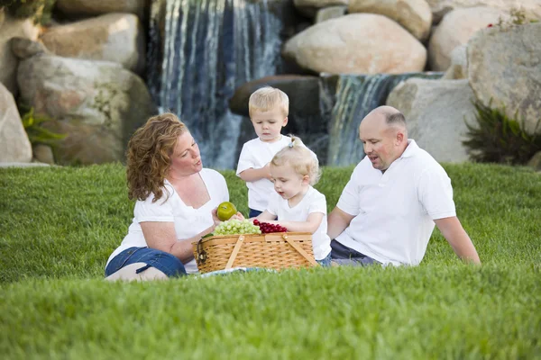 Gelukkige jonge familie genieten van picknick in het park — Stockfoto