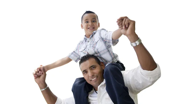 Hispânico pai e filho se divertindo isolado no branco — Fotografia de Stock
