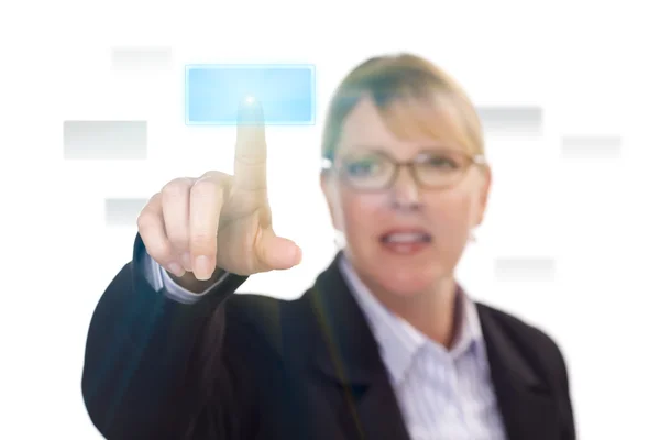 Woman Pushing an Interactive Touch Screen Button — Stock Photo, Image
