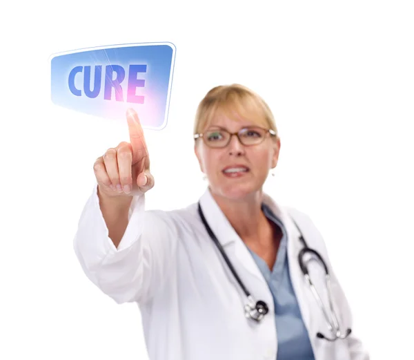 Vrouwelijke arts aanraken genezen knop op scherm van de aanraking — Stockfoto