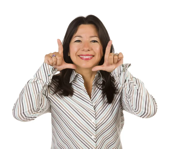Atractiva mujer multiétnica con las manos enmarcando la cara —  Fotos de Stock