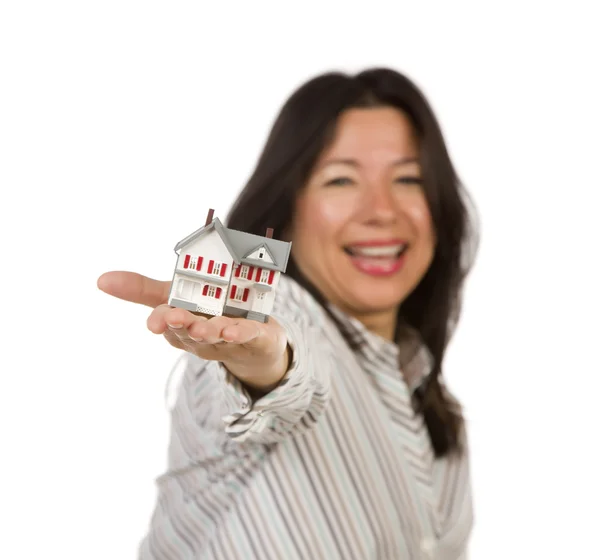 Attractive Multiethnic Woman Holding Small House — Stock Photo, Image