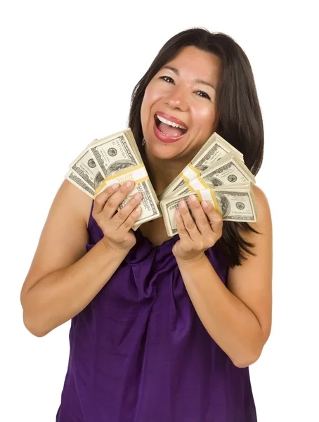 Mulher Multiétnica excitada segurando centenas de dólares — Fotografia de Stock