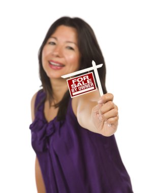 Multiethnic Woman Holding Small For Sale By Owner Real Estate Si clipart