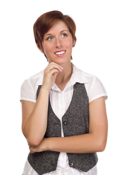 Muito Sorrindo Jovem Adulto Feminino Olhando para cima e para cima — Fotografia de Stock