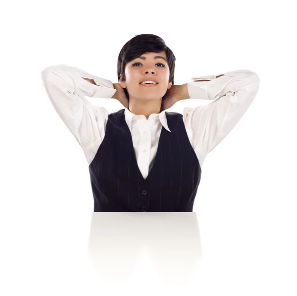 Smiling Mixed Race Young Adult Female Hands Behind Her Head — Stock Photo, Image