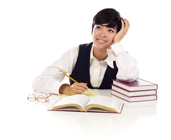 Daydreaming Mixed Race Female Student with Books Isolated — Stock Photo, Image