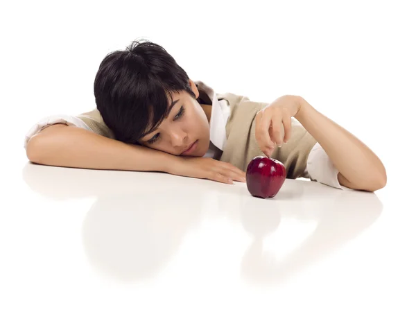 Melancholy Mixed Race Young Adult Female Sitting with Apple Isol — Stock Photo, Image