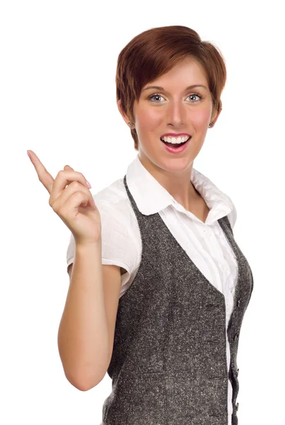 Pretty Smiling Young Adult Female Pointing Up and Over — Stock Photo, Image