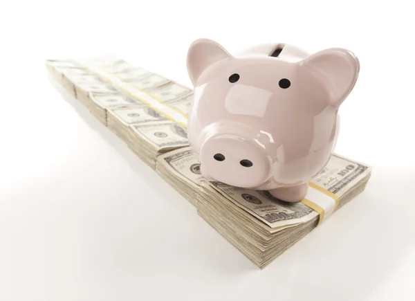 Pink Piggy Bank on Row of Money — Stock Photo, Image